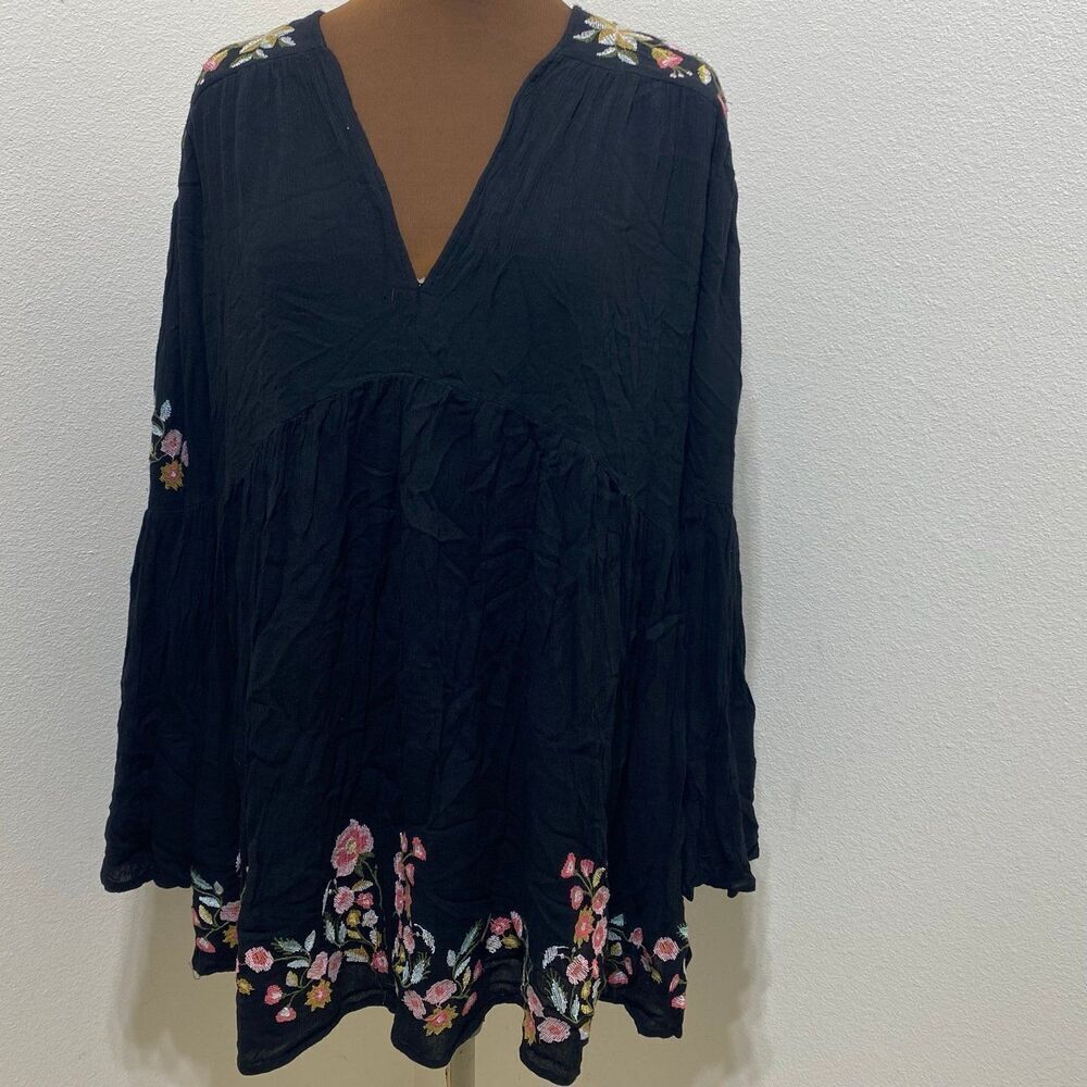 Free People Te Amo Black Embroidered Babydoll Mini Dress Size Medium